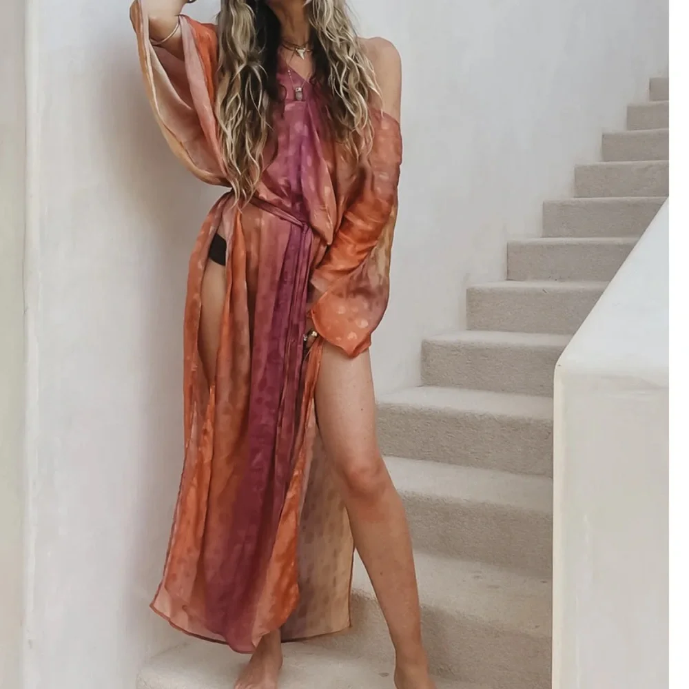 FREE PEOPLE ELECTRIC UNIVERSE BELTED SILKY KAFTAN REVERSIBLE MAXI DRESS ML